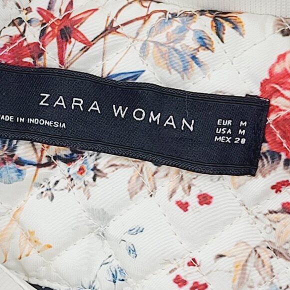 Zara Women's White Red Wild Floral Print Stretch Full-Zip Quilted Jacket Size M - Picture 9 of 14